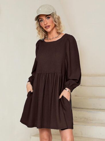 Simplee Apparel Womens Flowy Summer Tunic Dress Puff Sleeve Casual Babydoll Mini Dresses with Pockets in Saudi Arabia