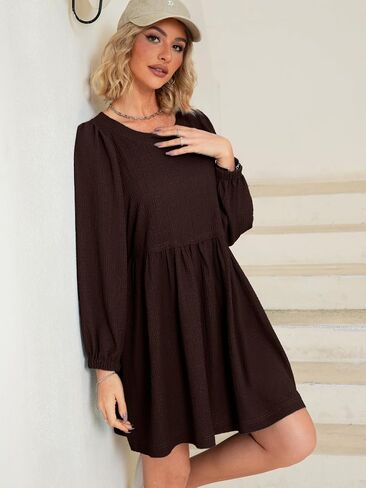 Simplee Apparel Womens Flowy Summer Tunic Dress Puff Sleeve Casual Babydoll Mini Dresses with Pockets in Saudi Arabia