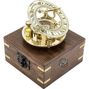 Brass Sundial, Decorative Compass Sundial with Wooden Box, Nautical Gift - 4" inches