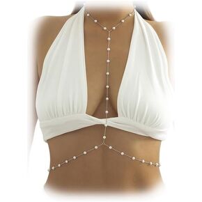 Sexy Pearl Bra Body Chain Jewelry Summer Beach Pearl Harness Bra Chain Necklace Bikini Festival Rave Pearl Bra Bralette Trendy Pearl Bead Waist Body Jewelry for Women