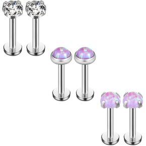 Ruifan Opal & Clear CZ Internally Threaded Stainless Steel Labret Monroe Lip Ring Tragus Helix Earring Stud 16G 1/4" 6mm 6PCS