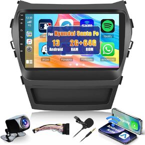 2+64GB Android 13 Car Stereo for Hyundai Santa Fe IX45 2013-2017 Wireless Apple Carplay, 9 Inch IPS Touchscreen Car Radio Receiver with GPS Navigation FM Bluetooth WiFi HiFi EQ