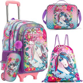 ZBAOGTW Rolling Backpack for Girls Backpack with Wheels Lunch Box and Pencil Bag Adjustable Length Sequins Wheeled Backpack for School Travel Picnic