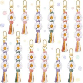 12 Pcs Boho Macrame Wristlet Keychain Flower Handmade Wristlet Keychain Cute Floral Keychain Daisy Flower Keychain