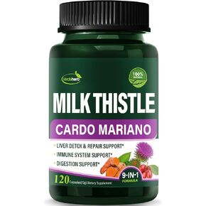 Berberine with Milk Thistle Liver Detox Capsules, Berberina y Alcachofa y Cardo Mariano con Silimarina para el Higado Graso, Liver Cleanse Detox & Repair Formula w/Turmeric Extract. 120Count