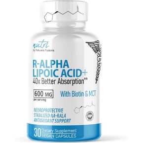 Nutri R Alpha Lipoic Acid 600mg Capsules - R Lipoic Acid Stabilized with Biotin - Active Form R-ALA - Clinical Dosage - Powerful Antioxidant and Cellular Energy Support - 15 Vegan Capsules