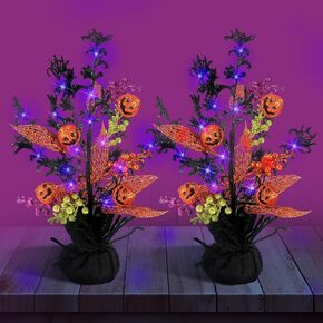 Lenwen 2 Pcs LED Purple Lighted Halloween Trees Glitter Artificial Spooky Tree 18 Inch Battery Powered Lighted Trees with Pumpkin Bats for Halloween Indoor Tabletop Decoration(Lovely)