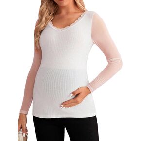 OYOANGLE Women's Maternity Sheer Mesh Long Sleeve Lace Trim V Neck T Shirt Solid Rib Knitted Slim Fit Shirt Tops
