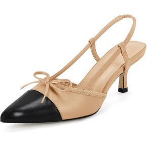 Coutgo Women's Bow Tie Slingback Pumps Pointed Toe Kitten Low Heel Patchwork Dress Heeled Sandals