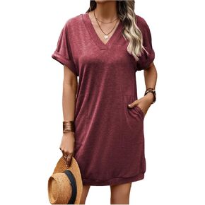 SOLY HUX T-Shirt Dress for Women V Neck Short Sleeve Basic Tunic Top T Shirt Dresses Casual Dress with Pockets