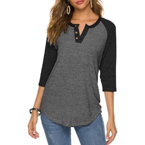 HOCOSIT Women's Raglan Round Neck Summer Tops Ladies Basic Button Henley Shirt Boyfriend Style Blouse Grey Medium