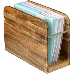 MyGift Premium Hotel Series Solid Acacia Wood Tabletop Magazine Holder Stand with Brass Tone Metal Accent, Freestanding Wooden Rack for Magazines Newspapers Files