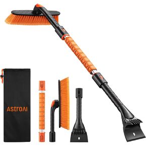 AstroAI 62.4" Ice Scraper and Extendable Snow Brush for Car Windshield with Foam Grip and 360° Pivoting Brush Head for Christmas Car Auto Truck SUV(Orange)