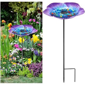 Tandefio 1 Pack Bee Feeder with 30 Colorful Glass Marbles Bee Watering Station Vivid Flower Bee Waterer Anti Rust Iron Cup for Bird Butterfly Garden Courtyard Outdoor Decorations (Blue)