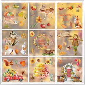 90PCS Fall Window Clings Thanksgiving Autumn Pumpkin Scarecrow Maple Leaves Truck Squirrel Bunny Deer Fox Decals Stickers Decorations Fall Thanksgiving Living Room Home Kitchen Decor