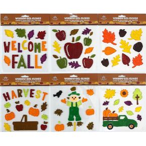 Fall Gel Cling Stickers for Windows and Mirrors - 6 Sheets of Reusable Seasonal Designs: Harvest Truck, Pumpkins, Scarecrow and More!