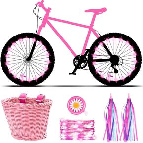 Kid's Bicycle Basket Streamers Set Children's Bike Handlebar Wicker Basket with 2 LED Bike Wheel Lights Colorful Bike Streamers Daisy Bike Bell Bike Decoration Accessories Kit for Kids Bike