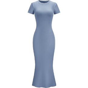 LOMON Womens Maxi Dresses Summer Casual 2024 Long Elegant Bodycon Trendy Ladies Dress Junior Semi-Formal Tight Short SleeveFishtail Sexy Y2k Short Sleeve Tight Ribbed Knitted Fitted Crew Neck Vestido in Kuwait
