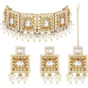 Aheli Faux Pearl Green Necklace with Earrings Indian Traditional Bollywood Jewelry Set for Women Girls