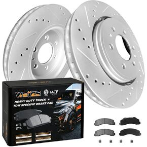 WEIZE Front and Rear Truck & Tow Brake Kit, Carbon Fiber Ceramic Brake Pads & Drilled/Slotted Brake Rotors Package, Fit for Ford F-150 2012-2014, F150 2015-2020 of Manual (NOT Electric) Parking Brake
