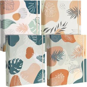 Colarr 4 Pcs Cute Mini Boho Leaves Binders for School 5.5 x 8.5 Three Ring Decorative Hardcover with Elastic Cord 1 Inch Binder Mini Binders Office Supplies and Home Use Recipe Binder
