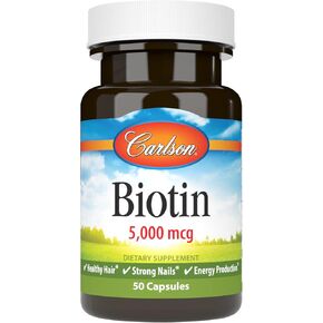 Carlson - Biotin, 5000 mcg, Healthy Hair, Strong Nails & Energy Production, 50 Capsules