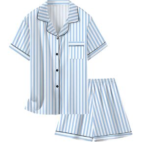 Schbbbta Girls Pajamas Set Button Down Short Sleeves Satin Shirts Sleepwear 2 Piece silky PJ Sets New Stripe Blue Years = Tag