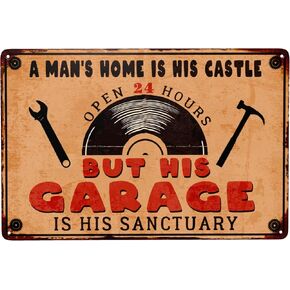 Man Cave Wall Decor Garage Metal Tin Sign, 12 x 8 Inches, A Man's Home Is His Castle But His Garage Is His Sanctuary