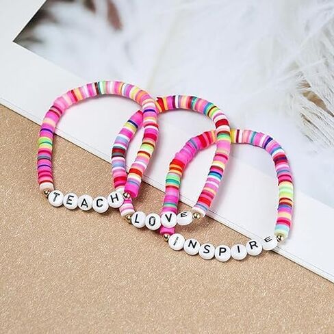 tenghong2021 Unique Handmade Teacher Appreciation Bracelets Adjustable Stackable Colorful Solf Clay Love Teach Inspire Letter Beaded Bracelets Sweet Teacher Gifts for Women Girls in Saudi Arabia