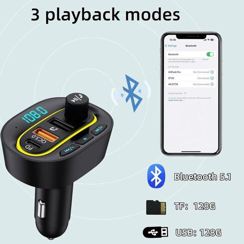 FM Transmitter Bluetooth 5.1,Car USB Charger【 PD + QC3.0】， Radio Bluetooth Transmitter for Car Hands Free Call Hi-Fi Music,Bluetooth Adapter for Car Support TF Card & USB Disk 7 Colors LED Backlit in Saudi Arabia