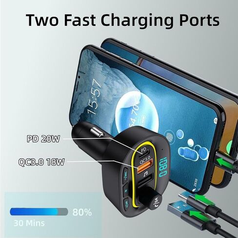 FM Transmitter Bluetooth 5.1,Car USB Charger【 PD + QC3.0】， Radio Bluetooth Transmitter for Car Hands Free Call Hi-Fi Music,Bluetooth Adapter for Car Support TF Card & USB Disk 7 Colors LED Backlit in Saudi Arabia