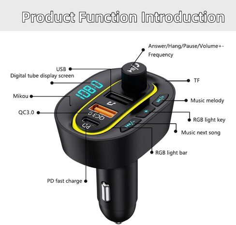 FM Transmitter Bluetooth 5.1,Car USB Charger【 PD + QC3.0】， Radio Bluetooth Transmitter for Car Hands Free Call Hi-Fi Music,Bluetooth Adapter for Car Support TF Card & USB Disk 7 Colors LED Backlit in Saudi Arabia