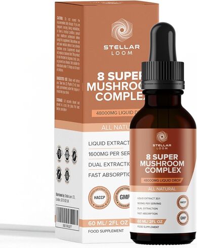 8 Super Mushroom Complex Liquid Drops (60ml) - 48,000mg | Vegan & Gluten-Free - 1 Month Supply | Lion's Mane, Chaga, Cordyceps, Reishi, Shiitake, Maitake, Turkey Tail & Agaricus Blazei in Saudi Arabia