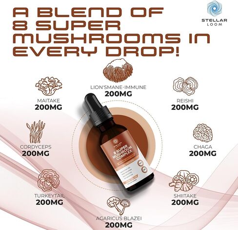 8 Super Mushroom Complex Liquid Drops (60ml) - 48,000mg | Vegan & Gluten-Free - 1 Month Supply | Lion's Mane, Chaga, Cordyceps, Reishi, Shiitake, Maitake, Turkey Tail & Agaricus Blazei in Saudi Arabia