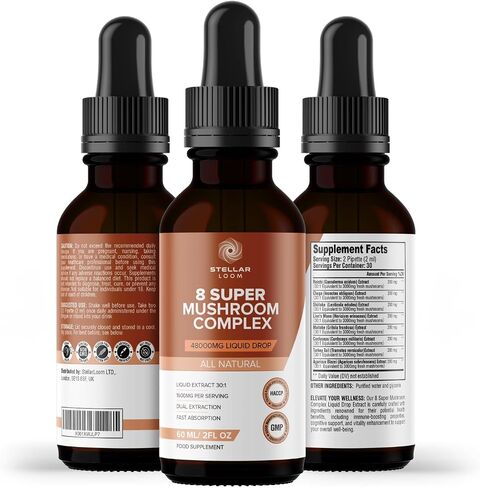 8 Super Mushroom Complex Liquid Drops (60ml) - 48,000mg | Vegan & Gluten-Free - 1 Month Supply | Lion's Mane, Chaga, Cordyceps, Reishi, Shiitake, Maitake, Turkey Tail & Agaricus Blazei in Saudi Arabia