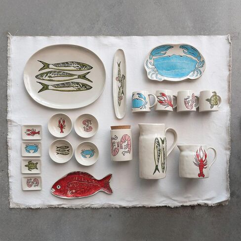 Creative Co-Op Coastal Stoneware Embossed Prawns and Cork Lid, Multicolor Jar, Ivory in Saudi Arabia