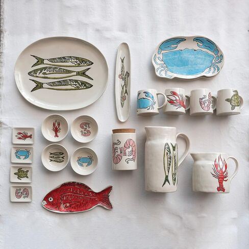 Creative Co-Op Coastal Stoneware Embossed Prawns and Cork Lid, Multicolor Jar, Ivory in Saudi Arabia