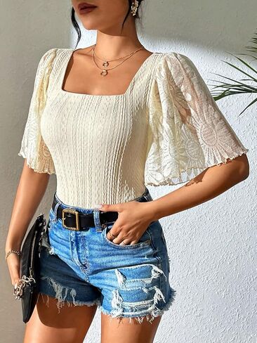 SweatyRocks Women's Square Neck Short Ruffle Sleeve Bodysuit Top Floral Lace Ribbed Knit Slim Fit Bodysuit Shirt in Saudi Arabia