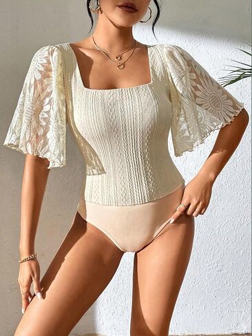 SweatyRocks Women's Square Neck Short Ruffle Sleeve Bodysuit Top Floral Lace Ribbed Knit Slim Fit Bodysuit Shirt in Saudi Arabia