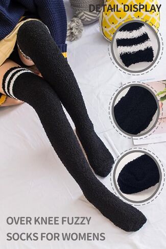 CutiePlusU Striped Coral Fleece Socks Winter Warm Over Knee High Socks Soft Fuzzy Thigh High Socks 2 pairs Pack in Kuwait