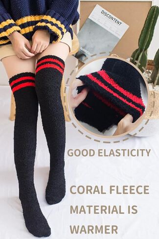 CutiePlusU Striped Coral Fleece Socks Winter Warm Over Knee High Socks Soft Fuzzy Thigh High Socks 2 pairs Pack in Kuwait