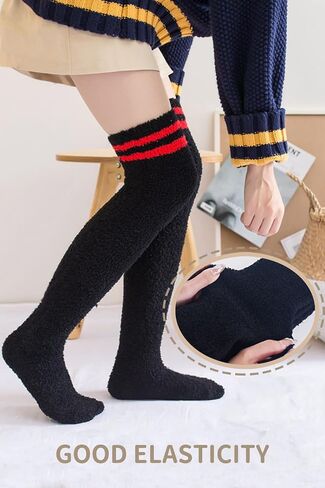 CutiePlusU Striped Coral Fleece Socks Winter Warm Over Knee High Socks Soft Fuzzy Thigh High Socks 2 pairs Pack in Kuwait