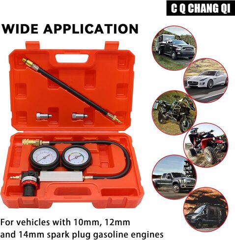 مجموعة اختبار تسرب الأسطوانة، اختبار ضغط محرك البنزين، مقاييس ضغط مزدوجة، كاشف تسرب ضغط المحرك لمحرك البنزين مع شمعات إشعال 10 12 14 مم (أحمر) in Kuwait