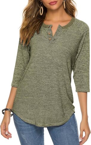 HOCOSIT Women's Raglan Round Neck Summer Tops Ladies Basic Button Henley Shirt Boyfriend Style Blouse Grey Medium in Saudi Arabia