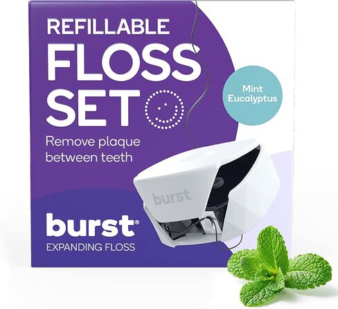 BURST Refillable Dental Floss Dispenser Set - Mint Eucalyptus Aroma - Expanding Floss - Stain-Absorbing, Woven Tooth Floss - Levender Case + 32 Yards Charcoal Floss in Saudi Arabia