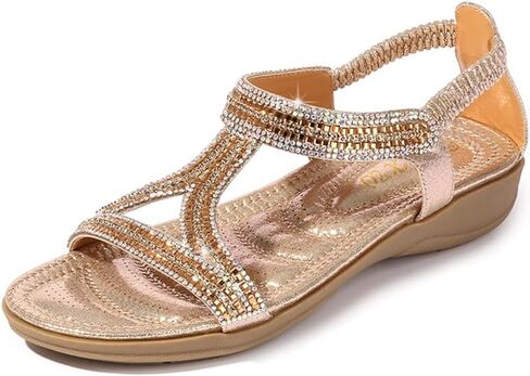 HNGHOU Sandals for Women Flats Shoes with Bohemian Rhinestone Comfortable Womens Beach Sandal Elastic Ankle Strap Slip On Summer Sandal (Silver, US 9) in Kuwait