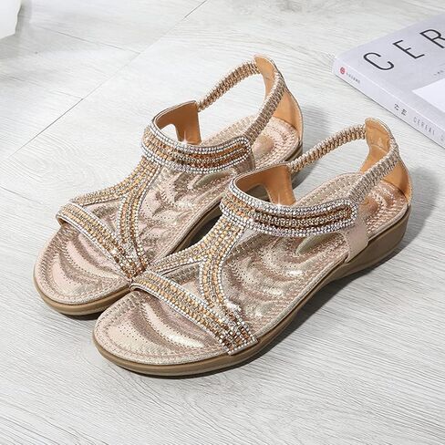 HNGHOU Sandals for Women Flats Shoes with Bohemian Rhinestone Comfortable Womens Beach Sandal Elastic Ankle Strap Slip On Summer Sandal (Silver, US 9) in Kuwait