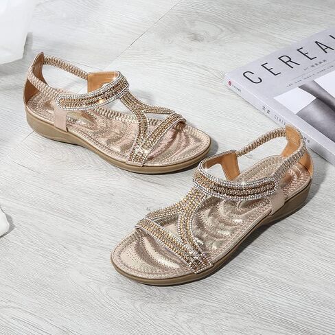 HNGHOU Sandals for Women Flats Shoes with Bohemian Rhinestone Comfortable Womens Beach Sandal Elastic Ankle Strap Slip On Summer Sandal (Silver, US 9) in Kuwait
