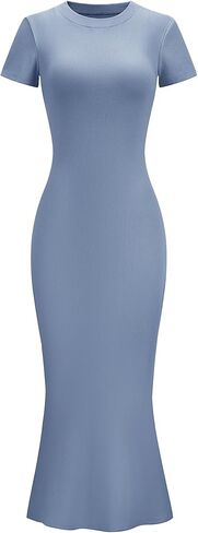 LOMON Womens Maxi Dresses Summer Casual 2024 Long Elegant Bodycon Trendy Ladies Dress Junior Semi-Formal Tight Short SleeveFishtail Sexy Y2k Short Sleeve Tight Ribbed Knitted Fitted Crew Neck Vestido in Kuwait