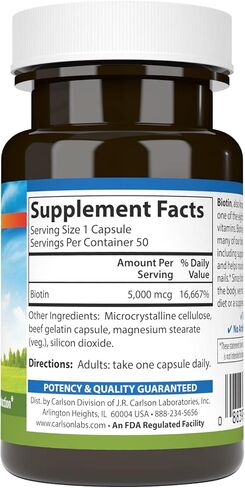 Carlson - Biotin, 5000 mcg, Healthy Hair, Strong Nails & Energy Production, 50 Capsules in Saudi Arabia